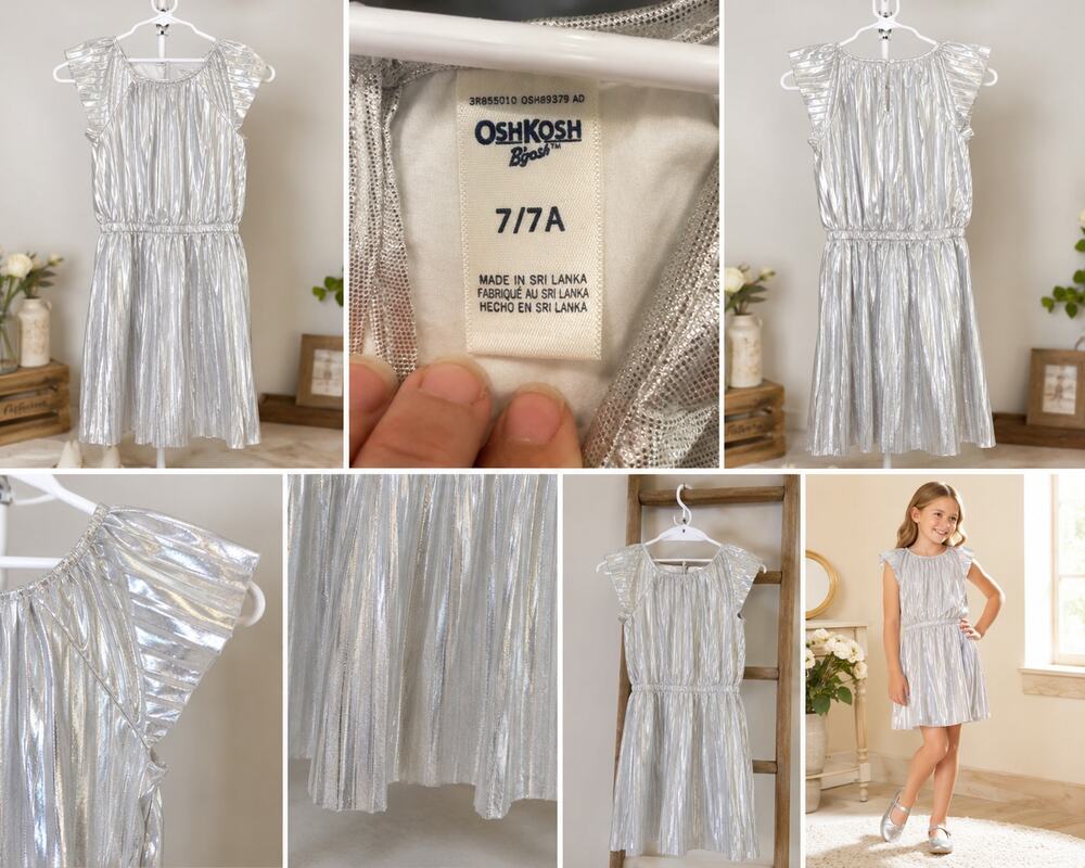 OshKosh B'gosh Girls Silver Metallic Pleated Party Dress | Size 7/7A